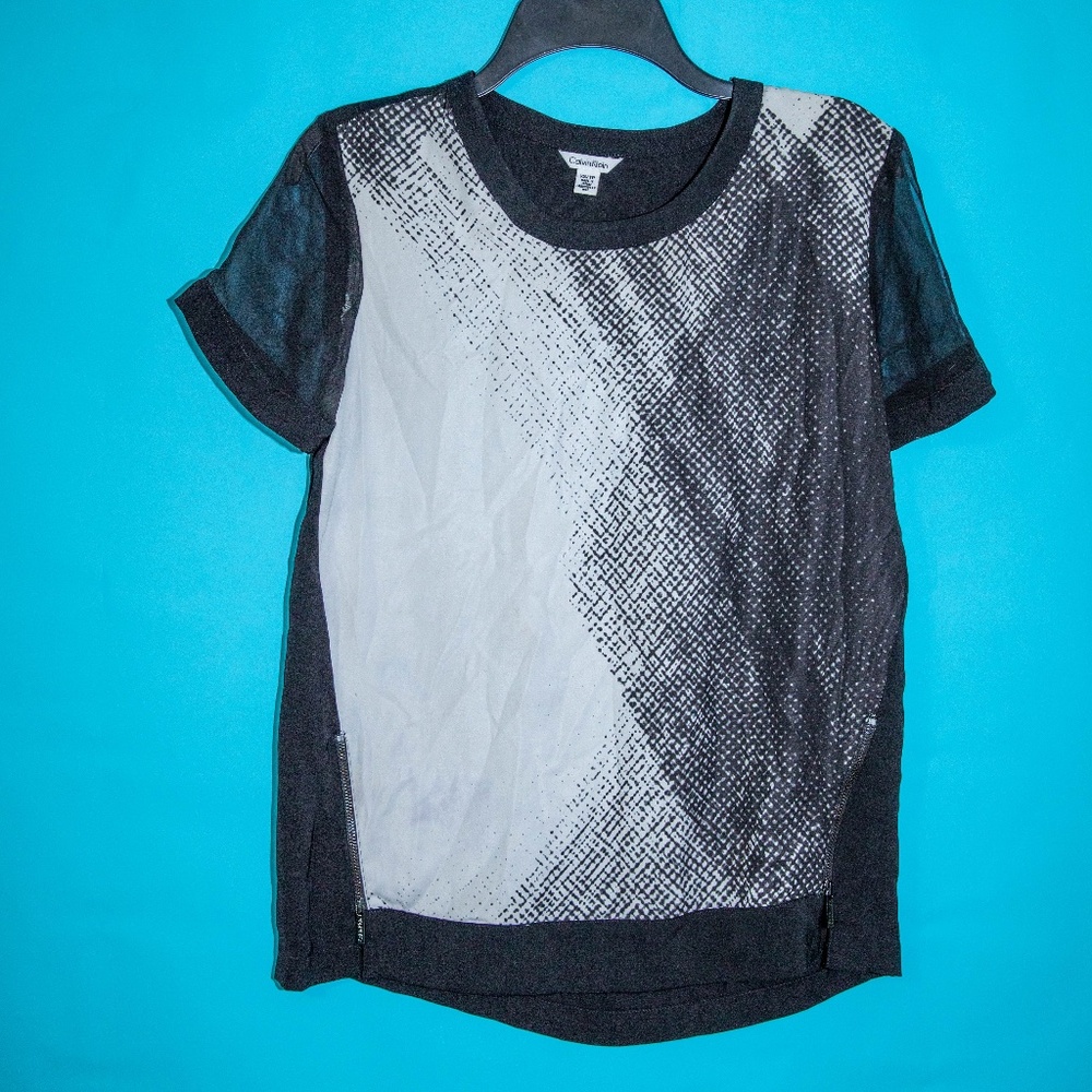Calvin Klein Black and White Blouse with Mesh Sleeves, Size X-Small
